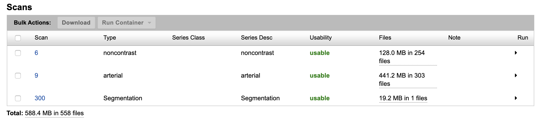 Scans table on Session summary page.